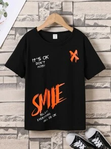 SHEIN 男孩標語圖案T恤