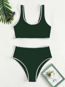 Whip Stitch High Waisted Bikini Set - Dark Green - View 1