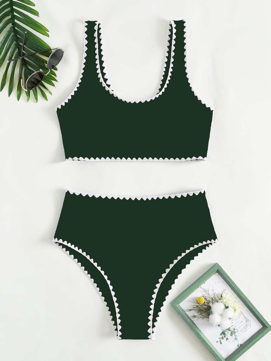 Whip Stitch High Waisted Bikini Set - Dark Green - View 1