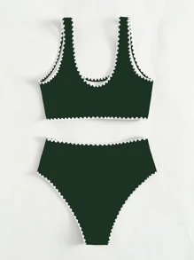 Whip Stitch High Waisted Bikini Set - Dark Green - View 2