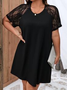 SHEIN LUNE Vestido con encaje en contraste de manga raglán - Negro - Ver 4