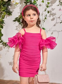 Young Girl Toddler Girls Cold Shoulder Exaggerated Ruffle Trim Ruched Dress - Hot Pink - View 3