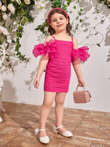 Young Girl Toddler Girls Cold Shoulder Exaggerated Ruffle Trim Ruched Dress - Hot Pink - View 4