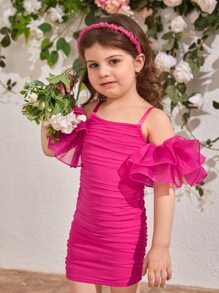 Young Girl Toddler Girls Cold Shoulder Exaggerated Ruffle Trim Ruched Dress - Hot Pink - View 5