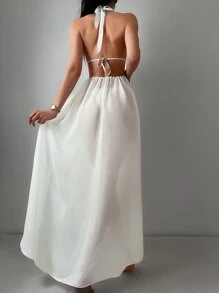 SHEIN Swim Áo che Nữ Cao thấp Buộc lại màu trơn - Màu be - Xem 1