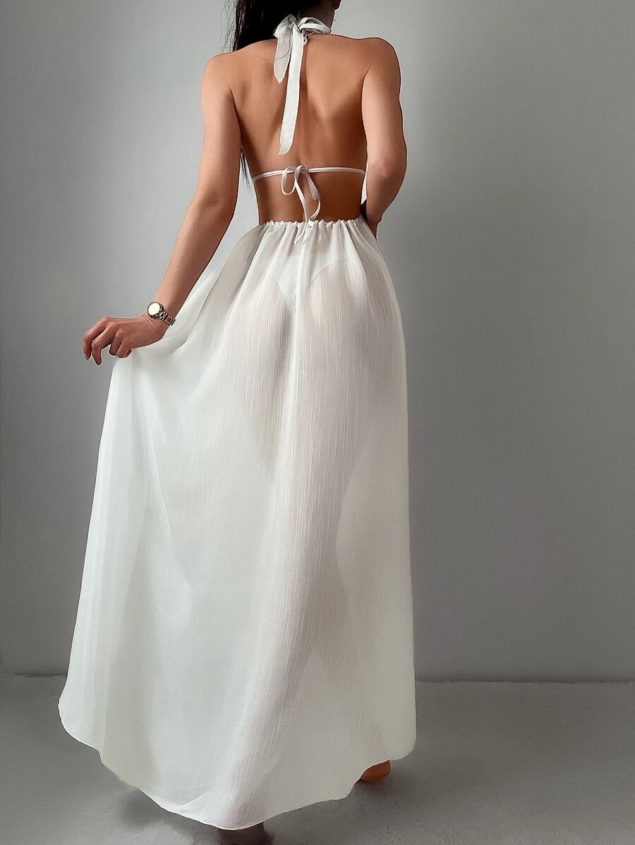 SHEIN Swim Áo che Nữ Cao thấp Buộc lại màu trơn - Màu be - Xem 1