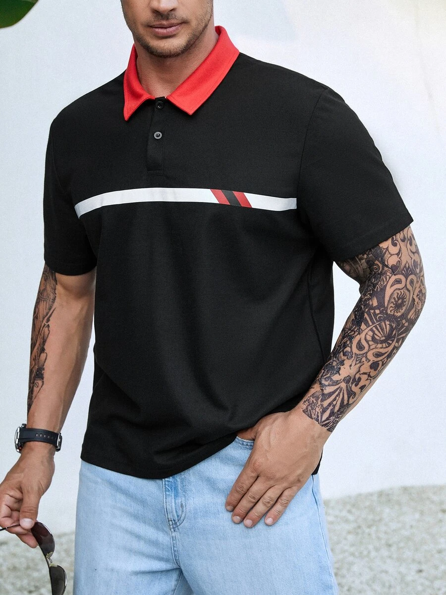 Manfinity Men Plus Contrast Collar Polo Shirt - Black - View 1