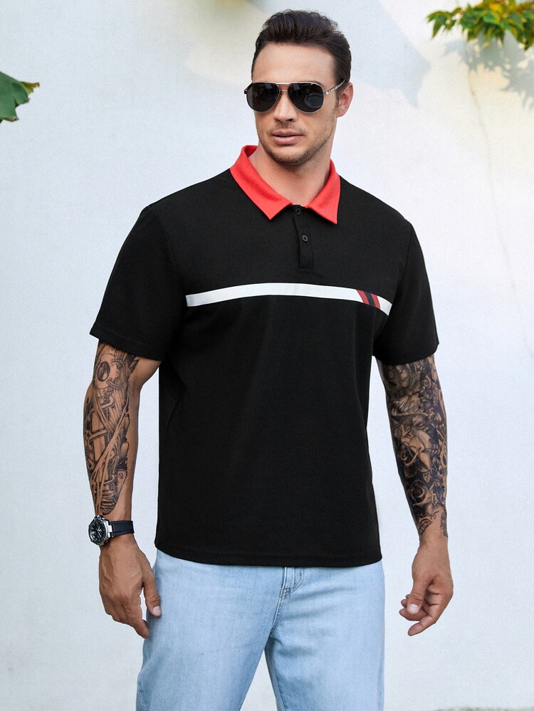Manfinity 男士拼接領POLO衫 - 黑色 - 查看 5