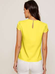 SHEIN Clasi Scallop Trim Laser Cut Sleeve Plicated Detail Top - Yellow - View 3