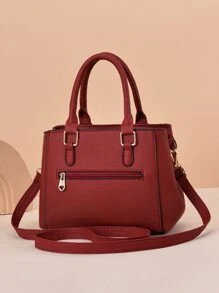 荔枝压花方形包 Pom Pom 装饰 PU，勃艮第包和新年理想，母亲节礼物，妈妈礼物，妈妈的必需品，外出妈妈包，时尚勃艮第包 - 酒紅色 - 查看 3