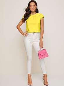 SHEIN Clasi Scallop Trim Laser Cut Sleeve Plicated Detail Top - Yellow - View 4