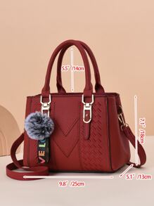 荔枝压花方形包 Pom Pom 装饰 PU，勃艮第包和新年理想，母亲节礼物，妈妈礼物，妈妈的必需品，外出妈妈包，时尚勃艮第包 - 酒紅色 - 查看 5