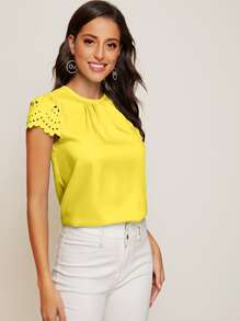 SHEIN Clasi Scallop Trim Laser Cut Sleeve Plicated Detail Top - Yellow - View 6