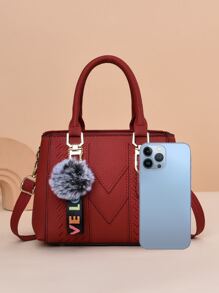 荔枝压花方形包 Pom Pom 装饰 PU，勃艮第包和新年理想，母亲节礼物，妈妈礼物，妈妈的必需品，外出妈妈包，时尚勃艮第包 - 酒紅色 - 查看 6