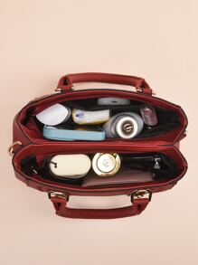 荔枝压花方形包 Pom Pom 装饰 PU，勃艮第包和新年理想，母亲节礼物，妈妈礼物，妈妈的必需品，外出妈妈包，时尚勃艮第包 - 酒紅色 - 查看 7