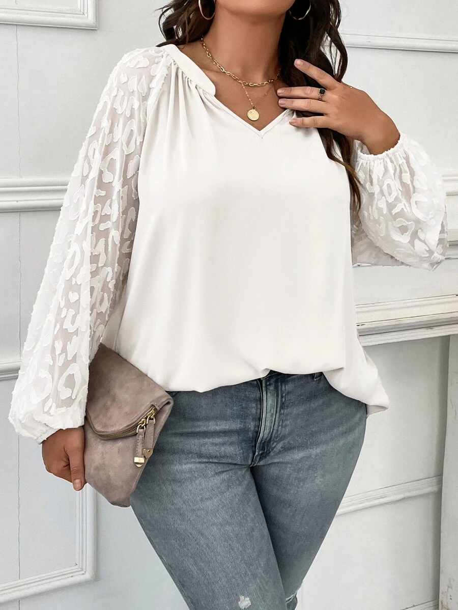 SHEIN LUNE Plus Contrast Mesh Lantern Sleeve Notched Neckline Blouse - White - View 1