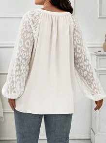 SHEIN LUNE Plus Contrast Mesh Lantern Sleeve Notched Neckline Blouse - White - View 2