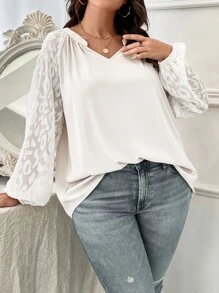 SHEIN LUNE Plus Contrast Mesh Lantern Sleeve Notched Neckline Blouse - White - View 5