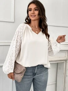 SHEIN LUNE Plus Contrast Mesh Lantern Sleeve Notched Neckline Blouse - White - View 6