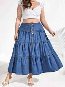 SHEIN VCAY 大碼紐扣門襟荷葉邊牛仔半身裙 - 中等水洗藍 - 查看 1