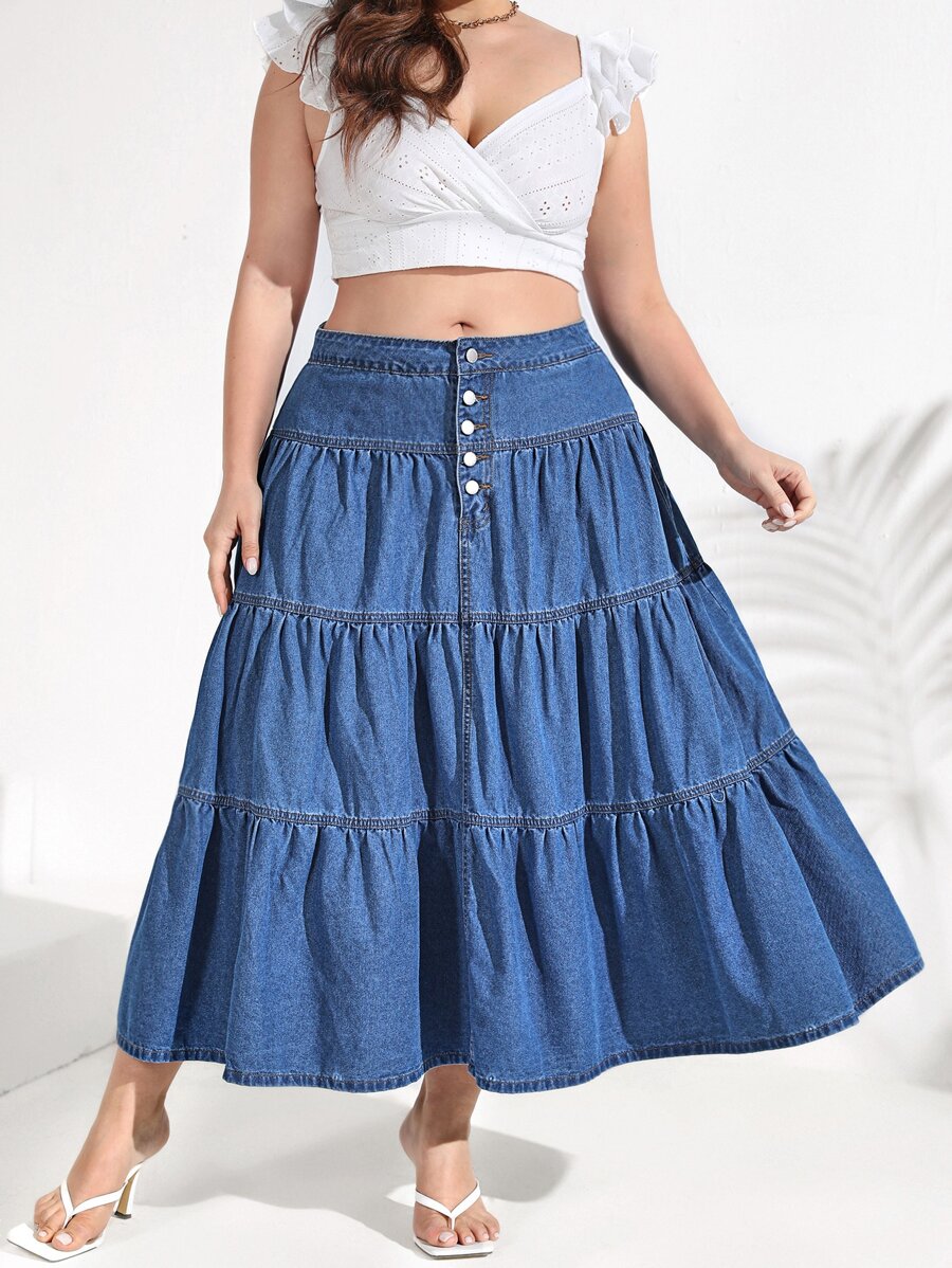 SHEIN VCAY 大碼紐扣門襟荷葉邊牛仔半身裙 - 中等水洗藍 - 查看 1