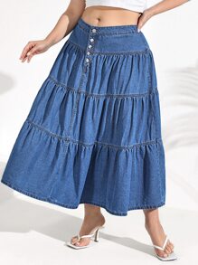 SHEIN VCAY 大碼紐扣門襟荷葉邊牛仔半身裙 - 中等水洗藍 - 查看 4