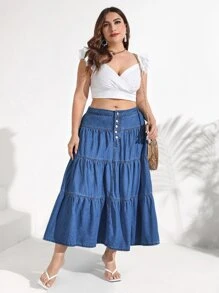 SHEIN VCAY 大碼紐扣門襟荷葉邊牛仔半身裙 - 中等水洗藍 - 查看 5