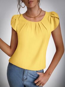 SHEIN Tall بلوزة أكمام بتلة تفاصيل خياطة - أصفر - مشاهدة 1