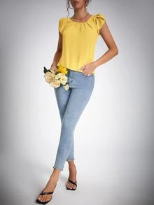 SHEIN Tall بلوزة أكمام بتلة تفاصيل خياطة - أصفر - مشاهدة 5