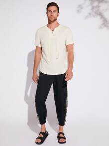 GENTILAND Hombres Pantalones en contraste rinoceronte con costura lateral de cintura con cordón - Negro - Ver 2