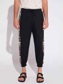 GENTILAND Hombres Pantalones en contraste rinoceronte con costura lateral de cintura con cordón - Negro - Ver 3