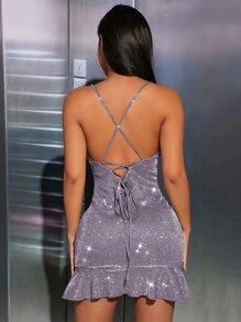 SHEIN PETITE Ruffle Hem Glitter Cami Bodycon Dress