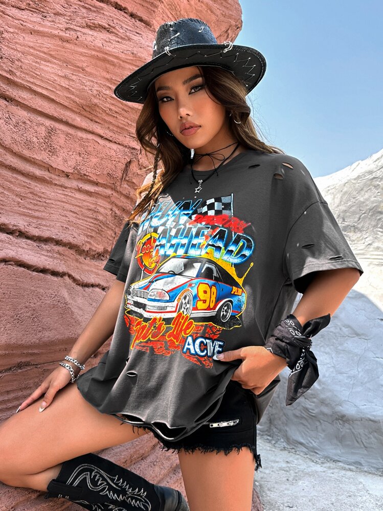 SHEIN Coolane Western Cowgirl Car & Letter Graphic Ripped Drop Shoulder Tee - Dark Grey - View 4