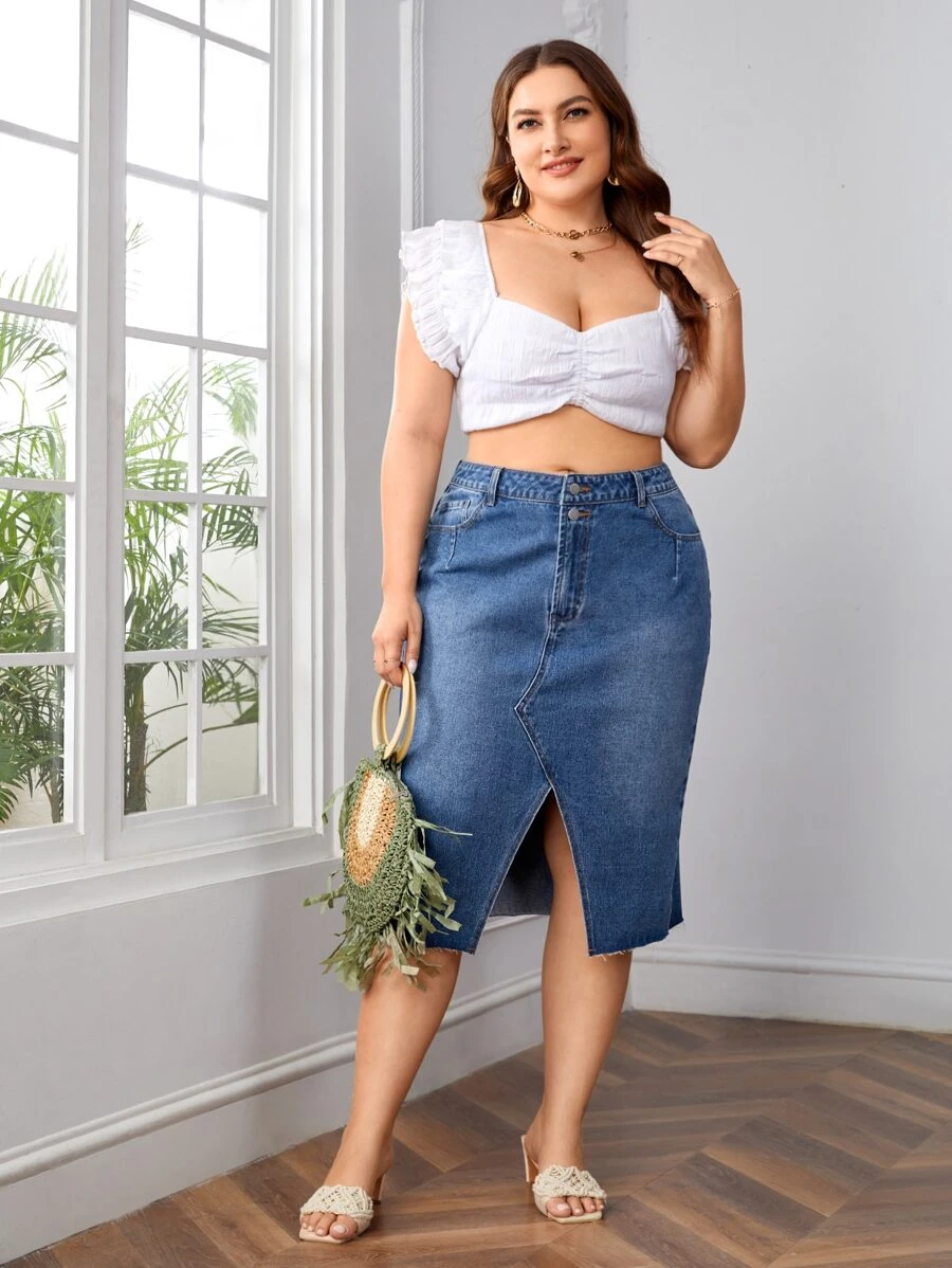 大碼高腰下擺開叉牛仔半身裙 - 中等水洗藍 - 查看 1