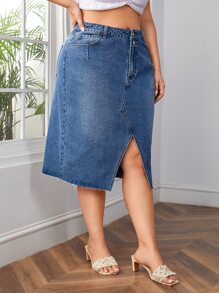 大碼高腰下擺開叉牛仔半身裙 - 中等水洗藍 - 查看 4