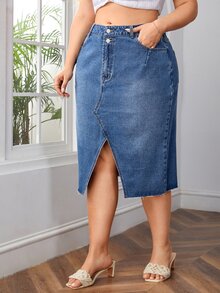 大碼高腰下擺開叉牛仔半身裙 - 中等水洗藍 - 查看 6