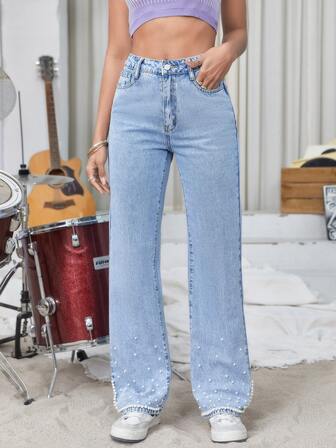 珍珠串珠斜口袋直筒牛仔褲