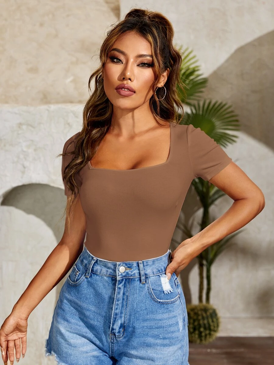 SHEIN PETITE Áo thun nữ màu trơn Giải trí - Màu nâu  Mocha - Xem 1
