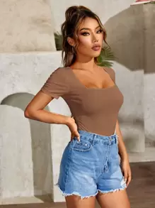 SHEIN PETITE Áo thun nữ màu trơn Giải trí - Màu nâu  Mocha - Xem 4