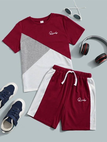 SHEIN Camiseta Gráfica Con Bloque De Color De Letras Y Pantalones Cortos Con Cordón Para Niño Preadolescente