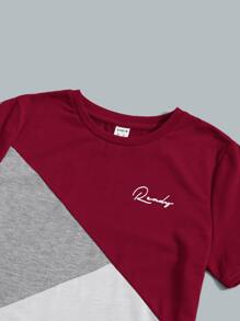 SHEIN Boys Letter Graphic Colourblock Tee & Drawstring Waist Shorts - Burgundy - View 3