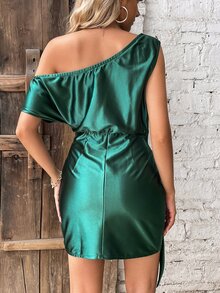 SHEIN Unity Asymmetrical Neck Knot Side Satin Dress - Dark Green - View 2