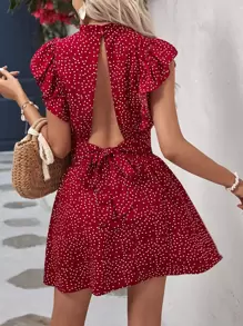 SHEIN Frenchy Polka Dot Tie Backless Butterfly Sleeve Top & Skirt - Burgundy - View 1