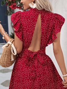SHEIN Frenchy Polka Dot Tie Backless Butterfly Sleeve Top & Skirt - Burgundy - View 3