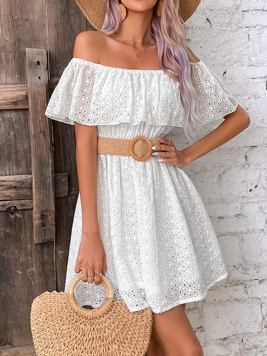 SHEIN VCAY Vestido de hombros descubiertos ribete con fruncido con bordado con ojal