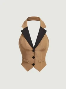 SHEIN MOD Contrast Collar Button Front Vest Blazer - Brown - View 1