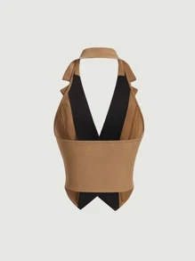 SHEIN MOD Contrast Collar Button Front Vest Blazer - Brown - View 2