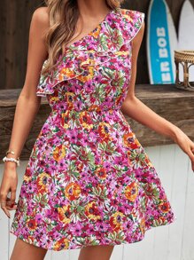 SHEIN Frenchy Allover Floral Print One Shoulder Ruffle Trim Dress - Multicolor - View 5