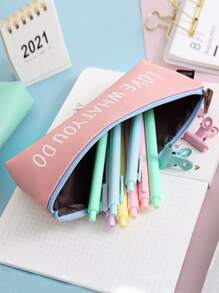 1 pieza unicolor con estampado de slogan Papelería simple de gran capacidad Pluma Bolso para alumno - Verde - Ver 2