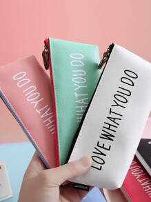 1 pieza unicolor con estampado de slogan Papelería simple de gran capacidad Pluma Bolso para alumno - Verde - Ver 5